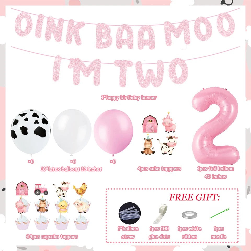 Down on the Farm: Pink 'OINK BAA MOO I'm Two' Birthday - Party Kit