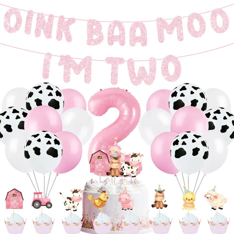 Down on the Farm: Pink 'OINK BAA MOO I'm Two' Birthday - Party Kit