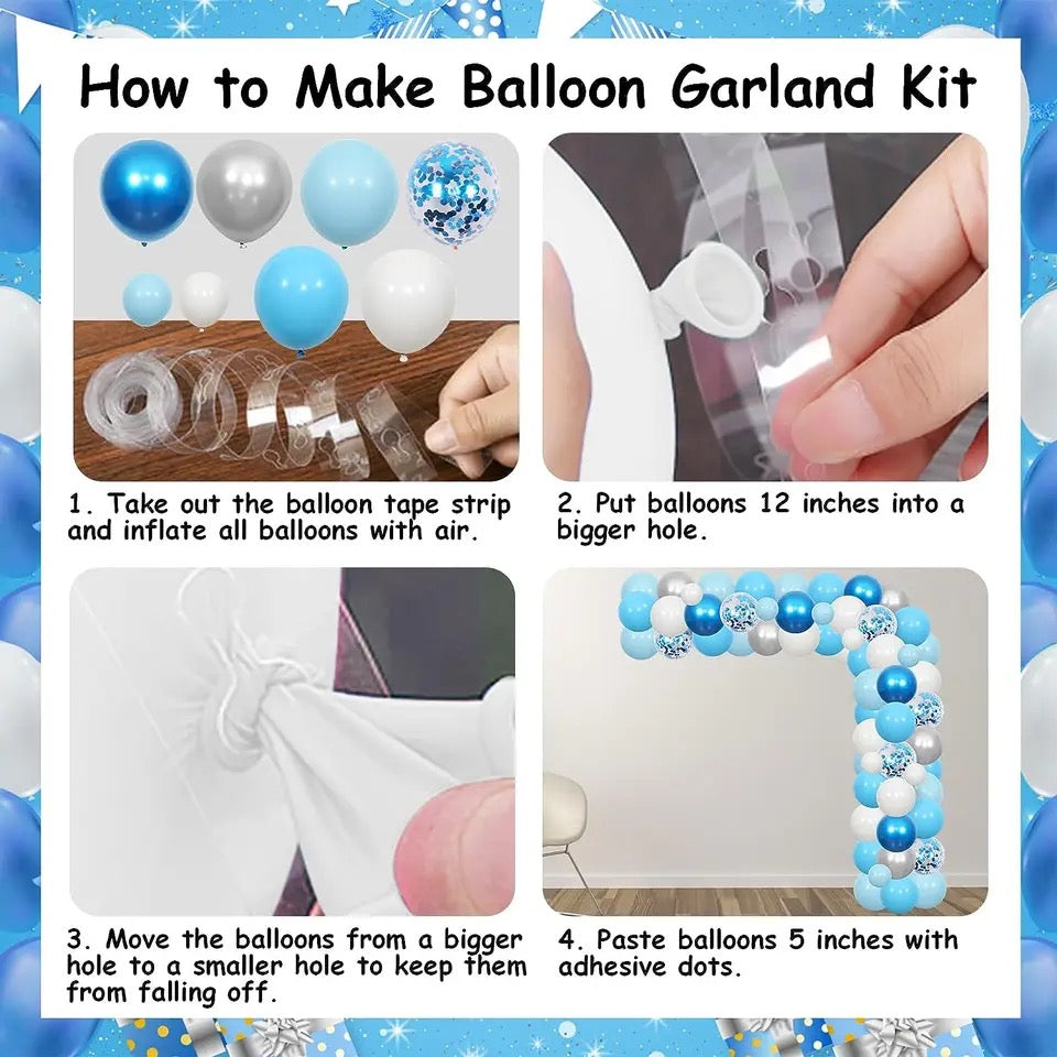 Step-by-step visual guide on how to create a balloon garland kit. The image shows various sized balloons, a balloon tape, a pump, tying tools, glue dots, and adhesive hooks arranged on a table. Steps include inflating and tying balloons, attaching them to balloon tape in a pattern, filling gaps with small balloons using glue dots, and hanging the finished garland with a ribbon and hooks.