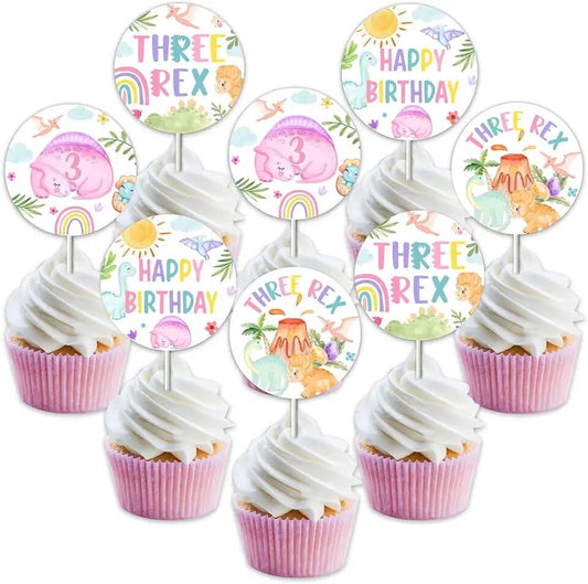 Jurassic Joy: Three Rex Dino - Cupcake Toppers