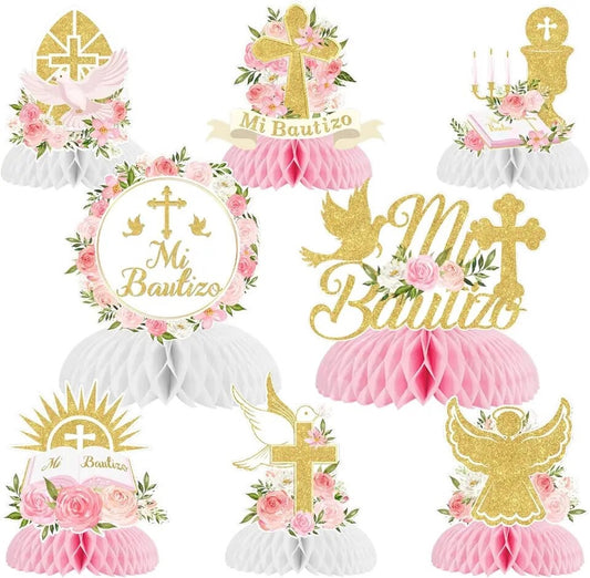 Divine Blessings: 'Mi Bautizo' Baptism & First Communion Honeycomb Centrepieces - Table Decor