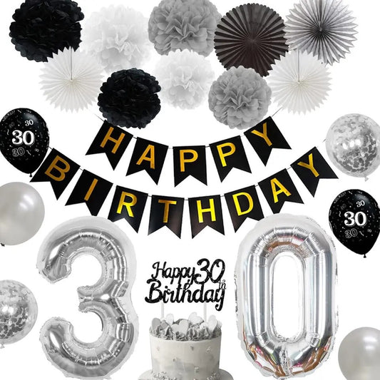 Sleek Soirée Elegance: Black & Silver 30th Birthday - Party Kit