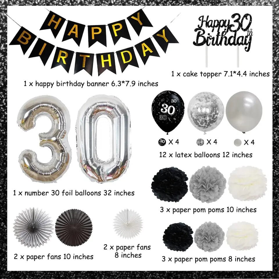 Sleek Soirée Elegance: Black & Silver 30th Birthday - Party Kit