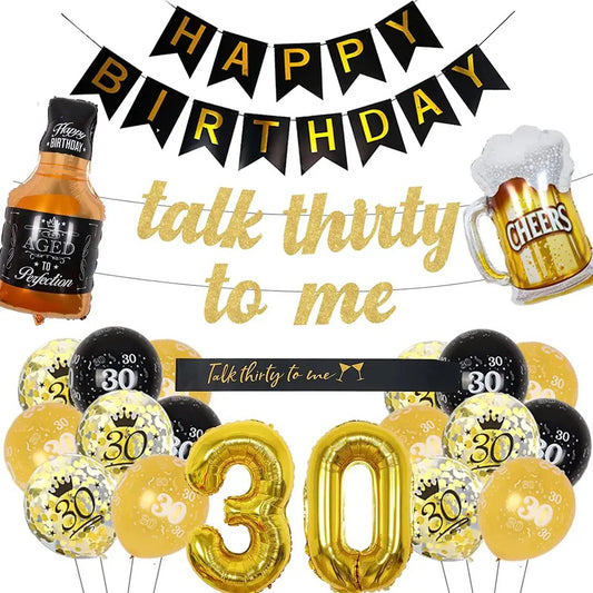 Suave Soirée Splendor: 'Talk Thirty To Me' Black & Gold Birthday - Party Kit