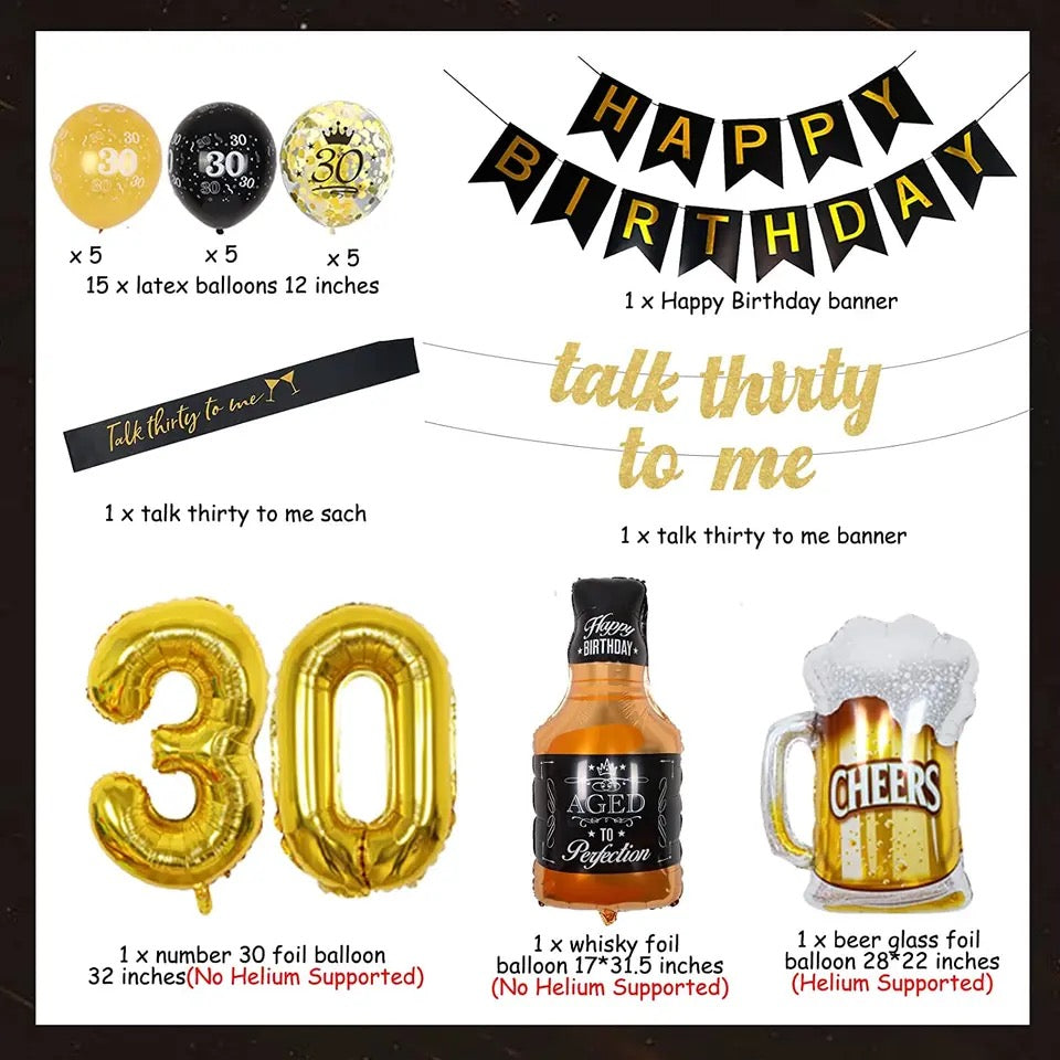 Suave Soirée Splendor: 'Talk Thirty To Me' Black & Gold Birthday - Party Kit